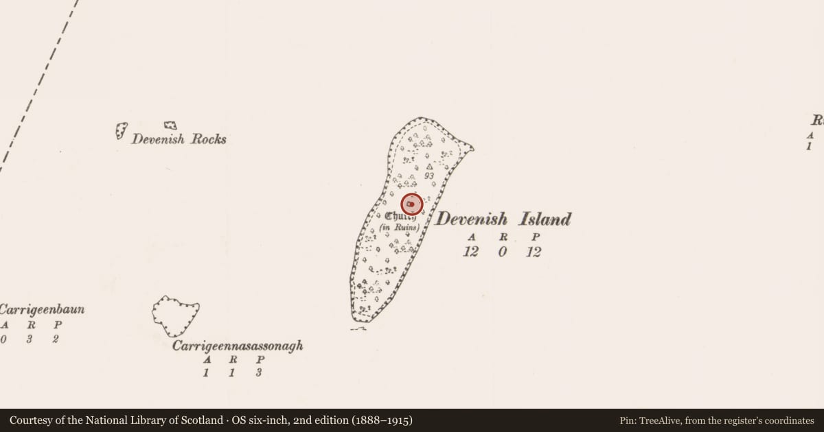 Ordnance Survey six-inch map, 2nd edition (1888–1915) covering the location of Church, Devenish Island, County Mayo, with a pin at the register's coordinates