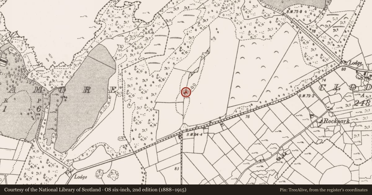 Ordnance Survey six-inch map, 2nd edition (1888–1915) covering the location of Enclosure, Cuslough Demesne, County Mayo, with a pin at the register's coordinates