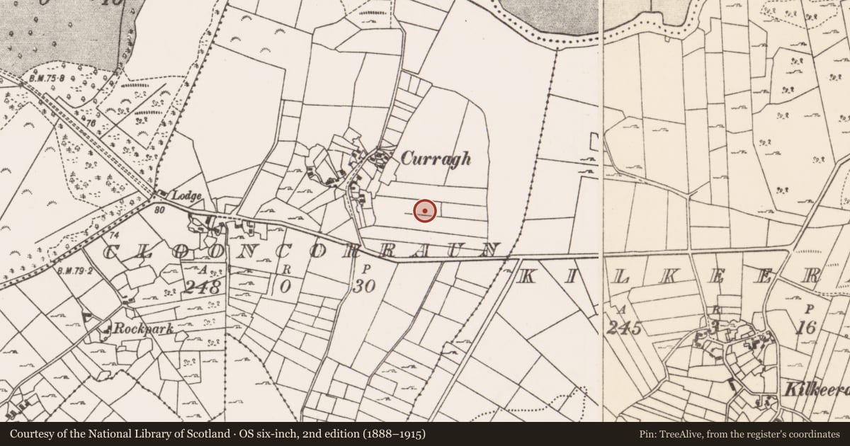 Ordnance Survey six-inch map, 2nd edition (1888–1915) covering the location of Enclosure, Clooncorraun, County Mayo, with a pin at the register's coordinates