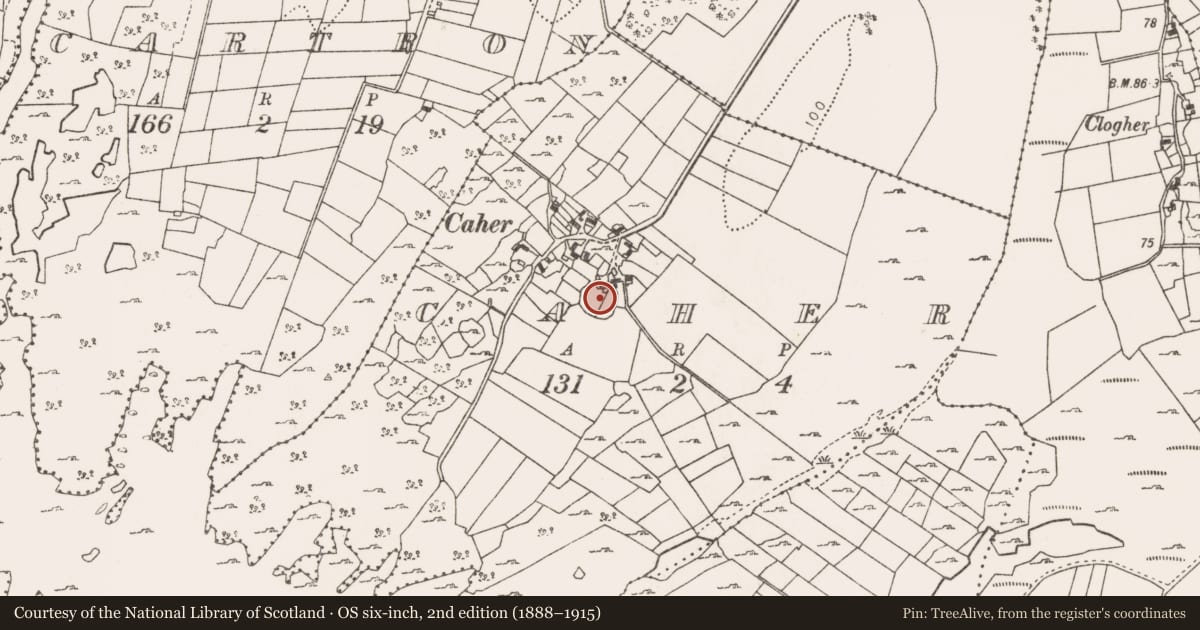 Ordnance Survey six-inch map, 2nd edition (1888–1915) covering the location of Ringfort - cashel, Caher (Kilmaine By., Ballinrobe Par.), County Mayo, with a pin at the register's coordinates