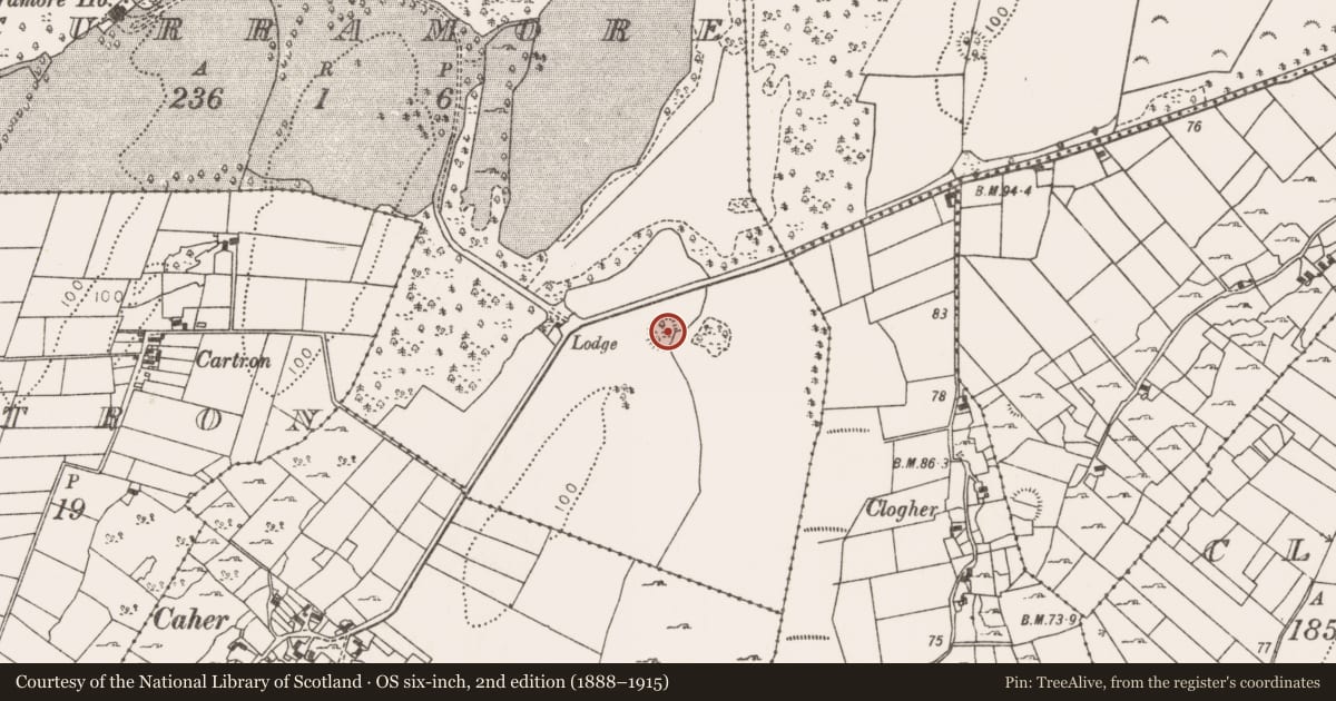 Ordnance Survey six-inch map, 2nd edition (1888–1915) covering the location of Enclosure, Curramore, County Mayo, with a pin at the register's coordinates