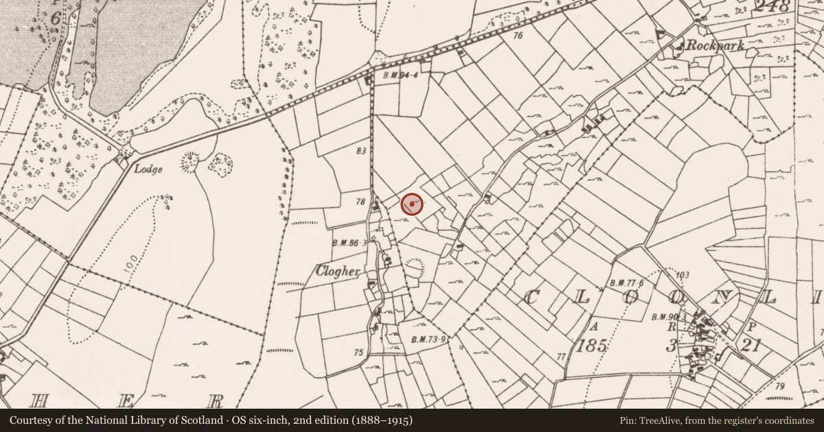 Ordnance Survey six-inch map, 2nd edition (1888–1915) covering the location of Enclosure, Clooncorraun, County Mayo, with a pin at the register's coordinates