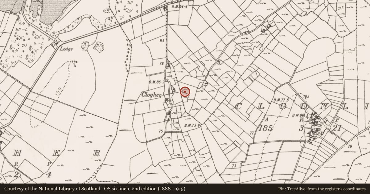 Ordnance Survey six-inch map, 2nd edition (1888–1915) covering the location of Enclosure, Clooncorraun, County Mayo, with a pin at the register's coordinates