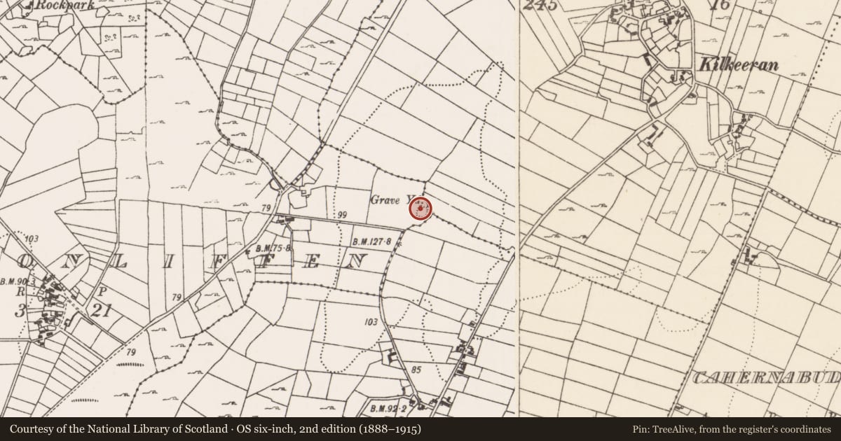Ordnance Survey six-inch map, 2nd edition (1888–1915) covering the location of Children's burial ground, Cloonliffen, County Mayo, with a pin at the register's coordinates