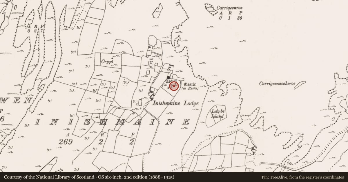 Ordnance Survey six-inch map, 2nd edition (1888–1915) covering the location of Enclosure, Inishmaine, County Mayo, with a pin at the register's coordinates