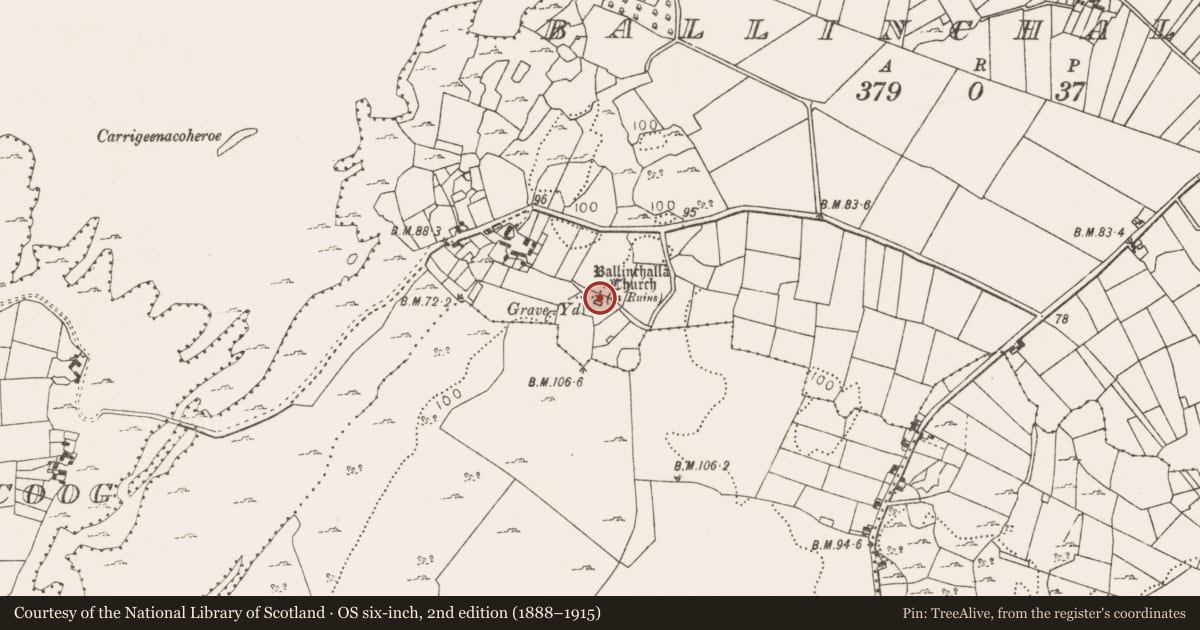 Ordnance Survey six-inch map, 2nd edition (1888–1915) covering the location of Church, Ballinchalla, County Mayo, with a pin at the register's coordinates
