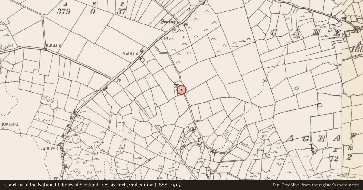 Ordnance Survey six-inch map, 2nd edition (1888–1915) covering the location of Enclosure, Ballinchalla, County Mayo, with a pin at the register's coordinates
