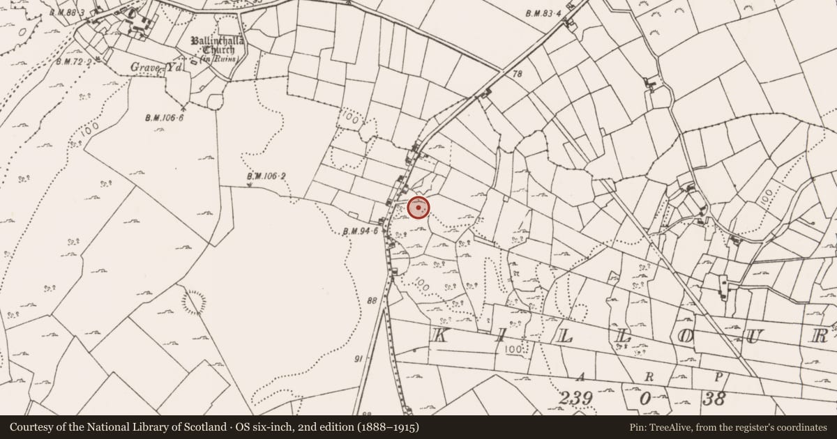 Ordnance Survey six-inch map, 2nd edition (1888–1915) covering the location of Enclosure, Killour, County Mayo, with a pin at the register's coordinates