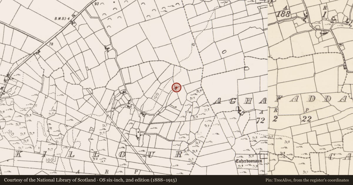 Ordnance Survey six-inch map, 2nd edition (1888–1915) covering the location of Ritual site - holy well, Killour, County Mayo, with a pin at the register's coordinates