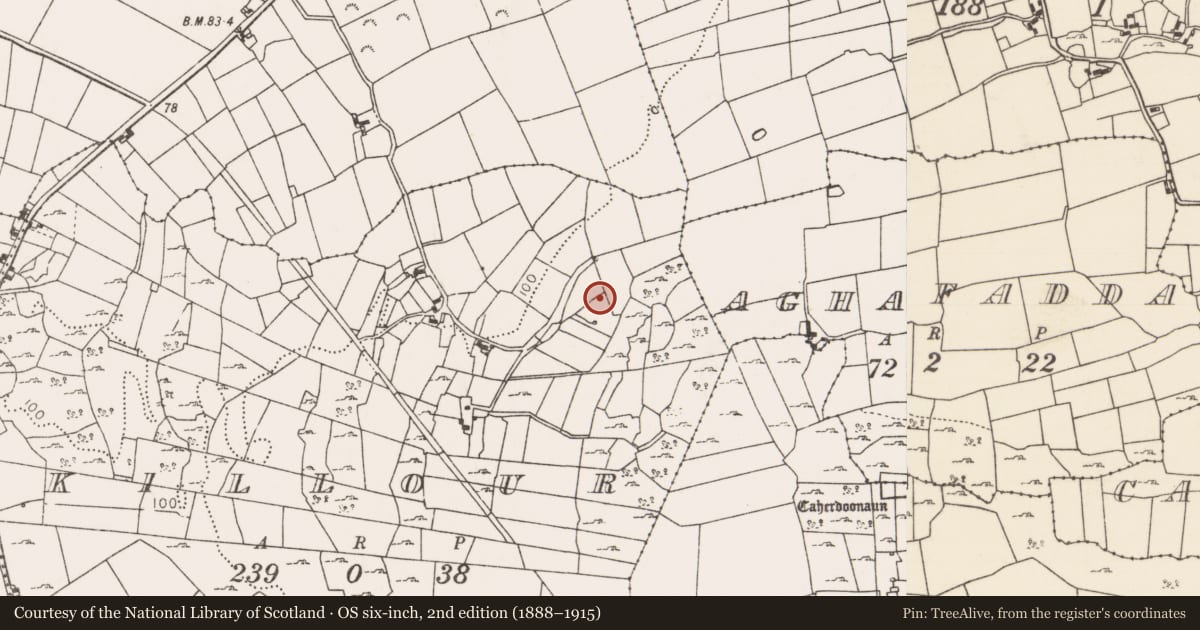 Ordnance Survey six-inch map, 2nd edition (1888–1915) covering the location of Ritual site - holy well, Killour, County Mayo, with a pin at the register's coordinates