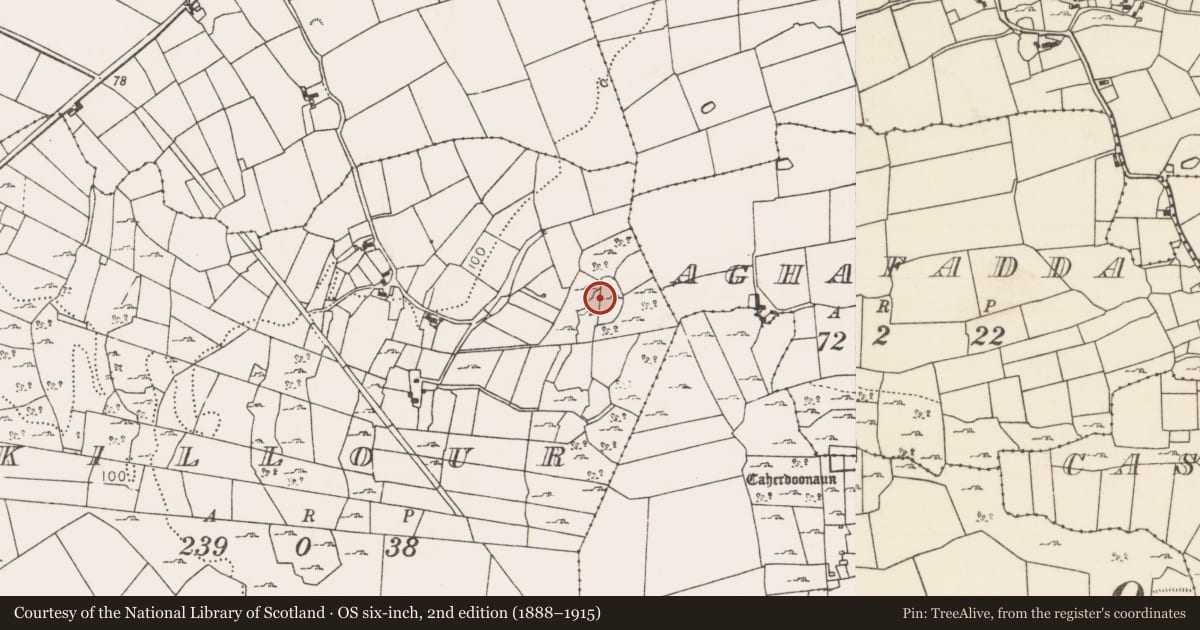 Ordnance Survey six-inch map, 2nd edition (1888–1915) covering the location of Enclosure, Killour, County Mayo, with a pin at the register's coordinates