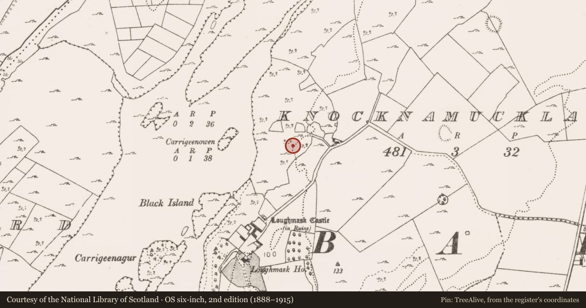 Ordnance Survey six-inch map, 2nd edition (1888–1915) covering the location of Earthwork, Knocknamucklagh, County Mayo, with a pin at the register's coordinates
