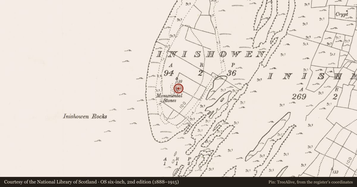 Ordnance Survey six-inch map, 2nd edition (1888–1915) covering the location of Ringfort - rath, Inishowen Island, County Mayo, with a pin at the register's coordinates