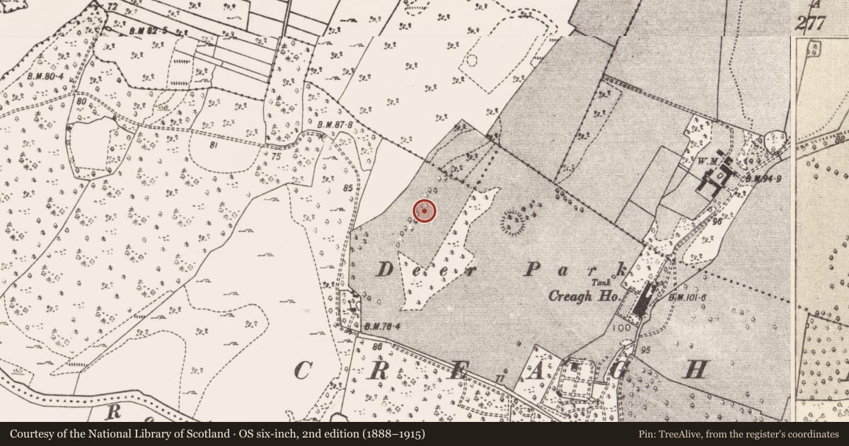 Ordnance Survey six-inch map, 2nd edition (1888–1915) covering the location of Fulacht fia, Creagh Demesne, County Mayo, with a pin at the register's coordinates