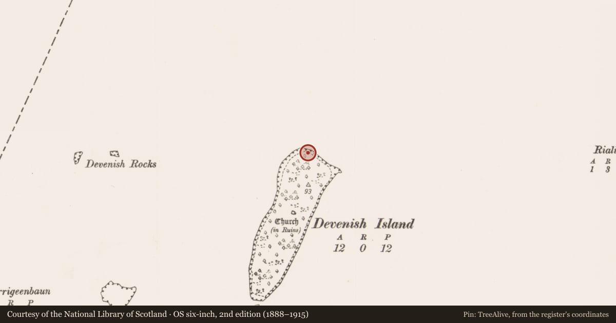 Ordnance Survey six-inch map, 2nd edition (1888–1915) covering the location of Building, Devenish Island, County Mayo, with a pin at the register's coordinates