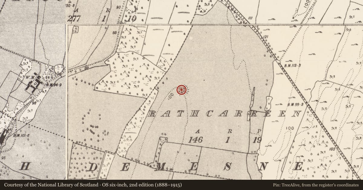 Ordnance Survey six-inch map, 2nd edition (1888–1915) covering the location of Souterrain, Rathcarreen, County Mayo, with a pin at the register's coordinates
