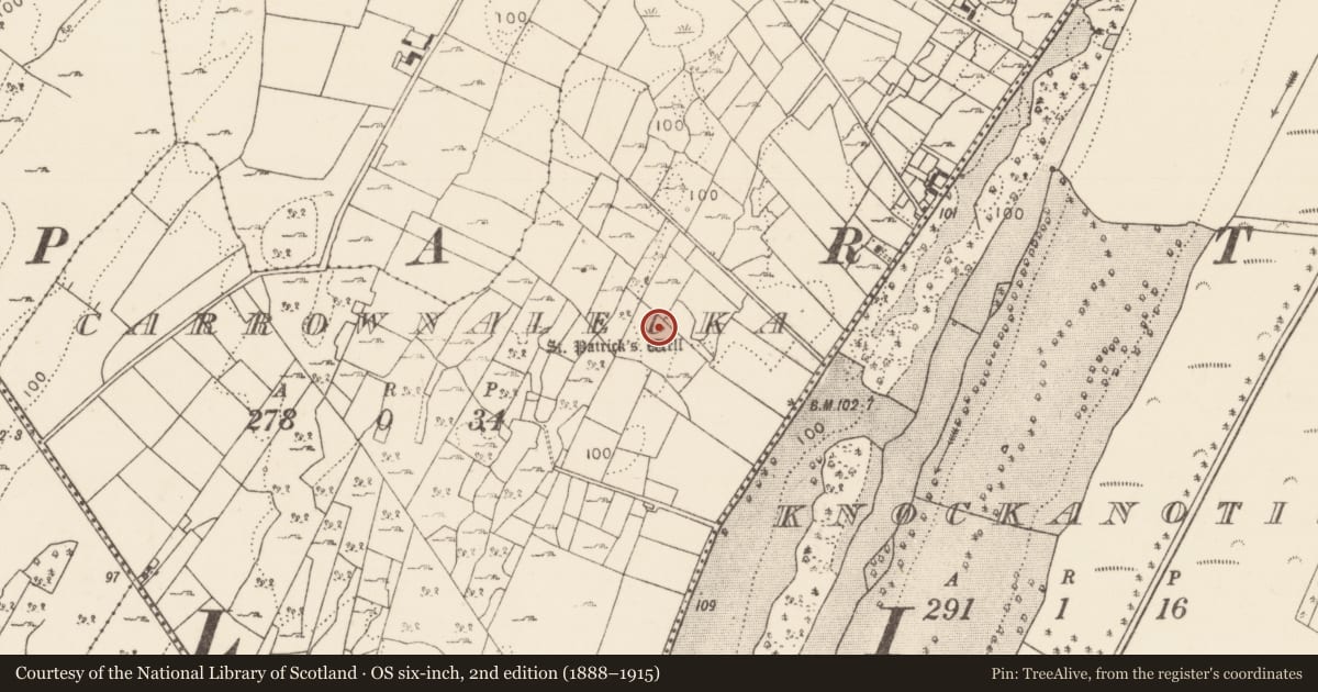 Ordnance Survey six-inch map, 2nd edition (1888–1915) covering the location of Ritual site - holy well, Carrownalecka, County Mayo, with a pin at the register's coordinates