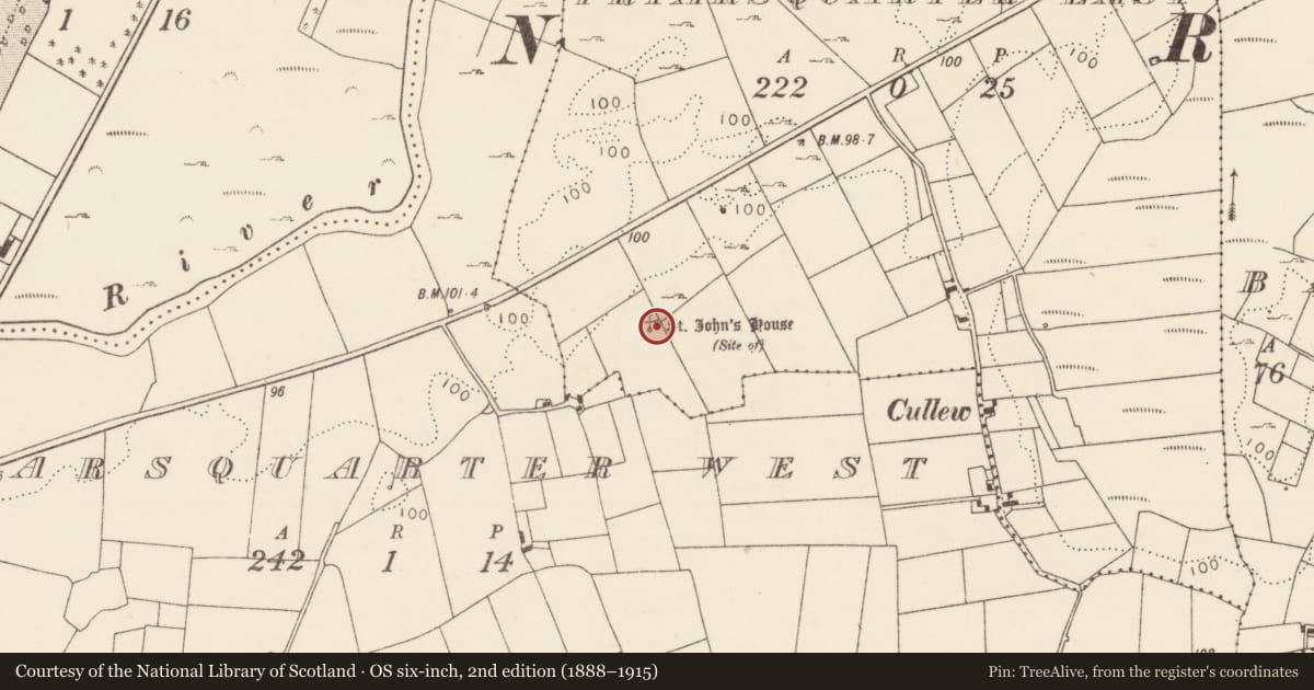 Ordnance Survey six-inch map, 2nd edition (1888–1915) covering the location of Religious house - Knights Hospitallers, Friarsquarter East, County Mayo, with a pin at the register's coordinates