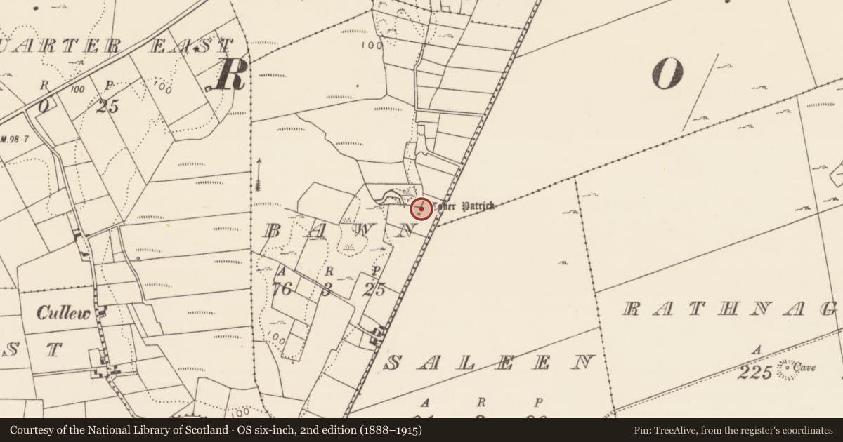 Ordnance Survey six-inch map, 2nd edition (1888–1915) covering the location of Ritual site - holy well, Bawn, County Mayo, with a pin at the register's coordinates