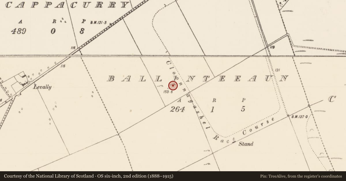 Ordnance Survey six-inch map, 2nd edition (1888–1915) covering the location of Enclosure, Ballinteeaun, County Mayo, with a pin at the register's coordinates
