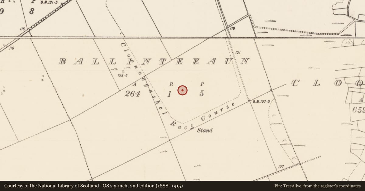 Ordnance Survey six-inch map, 2nd edition (1888–1915) covering the location of Enclosure, Ballinteeaun, County Mayo, with a pin at the register's coordinates