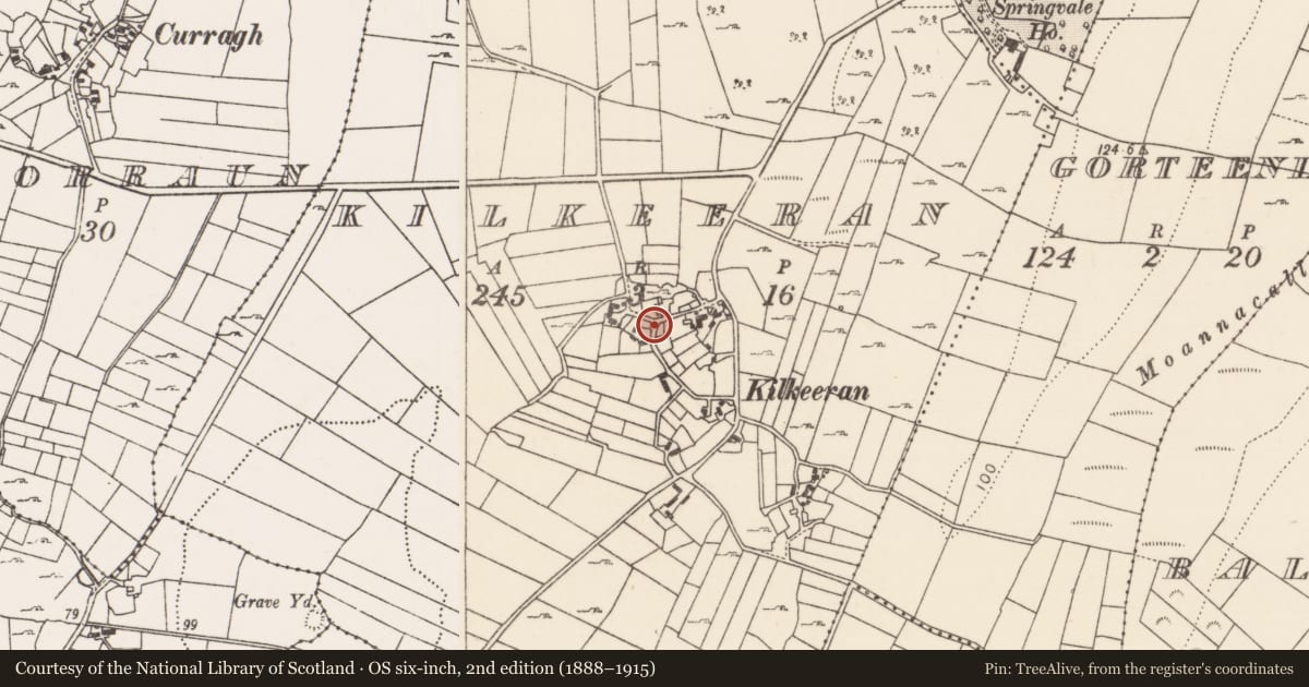 Ordnance Survey six-inch map, 2nd edition (1888–1915) covering the location of Ecclesiastical enclosure, Kilkeeran (Kilmaine By., Ballinrobe Par.), County Mayo, with a pin at the register's coordinates
