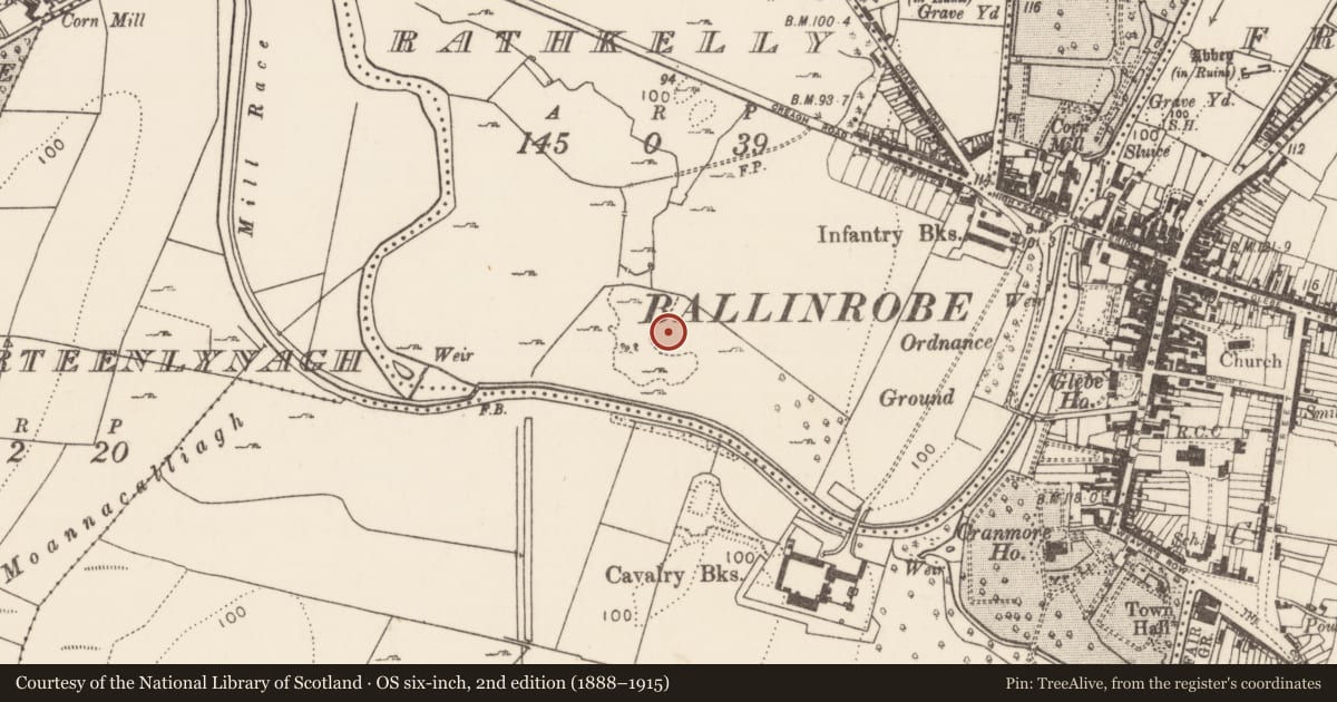 Ordnance Survey six-inch map, 2nd edition (1888–1915) covering the location of Ringfort - rath, Rathkelly, County Mayo, with a pin at the register's coordinates