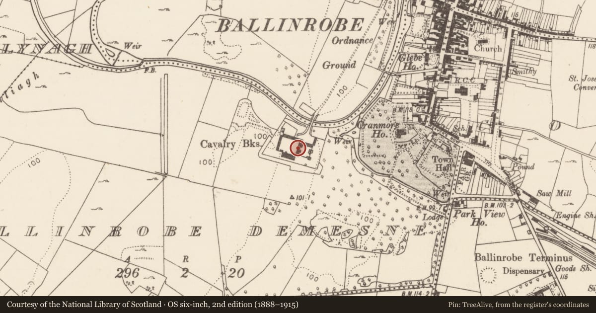 Ordnance Survey six-inch map, 2nd edition (1888–1915) covering the location of Castle - unclassified, Ballinrobe Demesne, County Mayo, with a pin at the register's coordinates