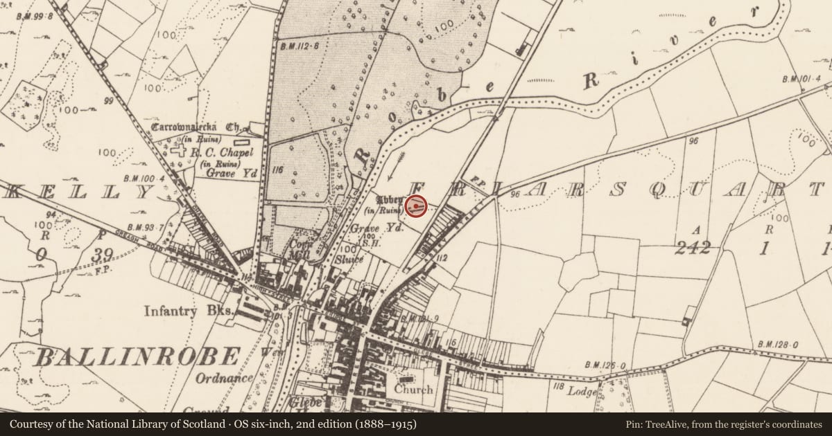 Ordnance Survey six-inch map, 2nd edition (1888–1915) covering the location of Religious house - Augustinian friars, Friarsquarter West, County Mayo, with a pin at the register's coordinates