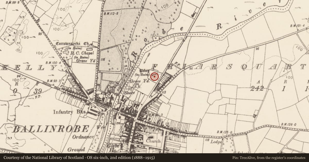 Ordnance Survey six-inch map, 2nd edition (1888–1915) covering the location of Graveyard, Friarsquarter West, County Mayo, with a pin at the register's coordinates