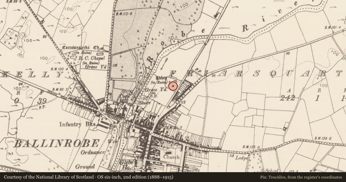 Ordnance Survey six-inch map, 2nd edition (1888–1915) covering the location of Graveslab, Friarsquarter West, County Mayo, with a pin at the register's coordinates