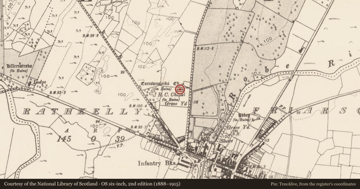 Ordnance Survey six-inch map, 2nd edition (1888–1915) covering the location of Church, Carrownalecka, County Mayo, with a pin at the register's coordinates
