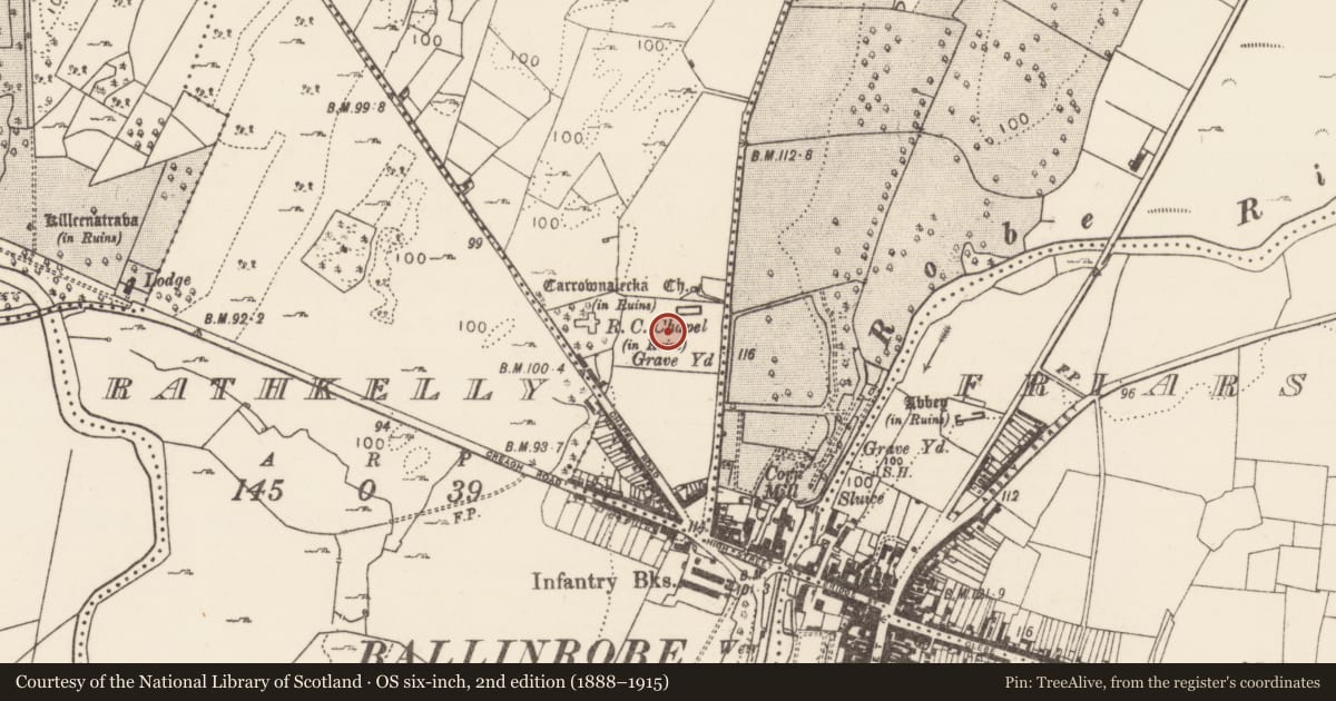 Ordnance Survey six-inch map, 2nd edition (1888–1915) covering the location of Graveyard, Carrownalecka, County Mayo, with a pin at the register's coordinates
