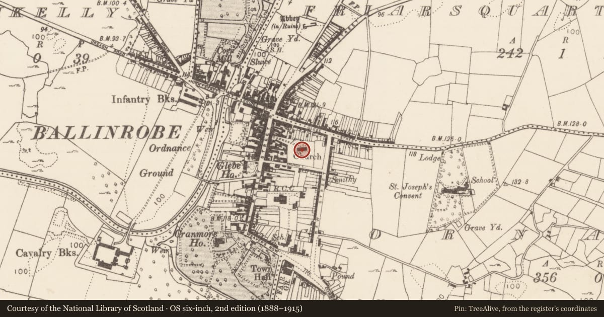Ordnance Survey six-inch map, 2nd edition (1888–1915) covering the location of Church, Cornaroya, County Mayo, with a pin at the register's coordinates