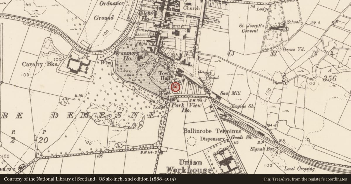 Ordnance Survey six-inch map, 2nd edition (1888–1915) covering the location of Enclosure, Cornaroya, County Mayo, with a pin at the register's coordinates