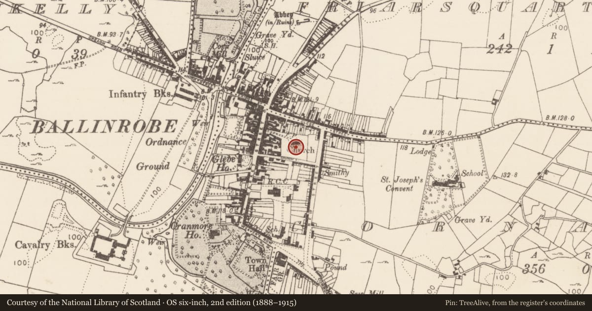 Ordnance Survey six-inch map, 2nd edition (1888–1915) covering the location of Graveyard, Cornaroya, County Mayo, with a pin at the register's coordinates