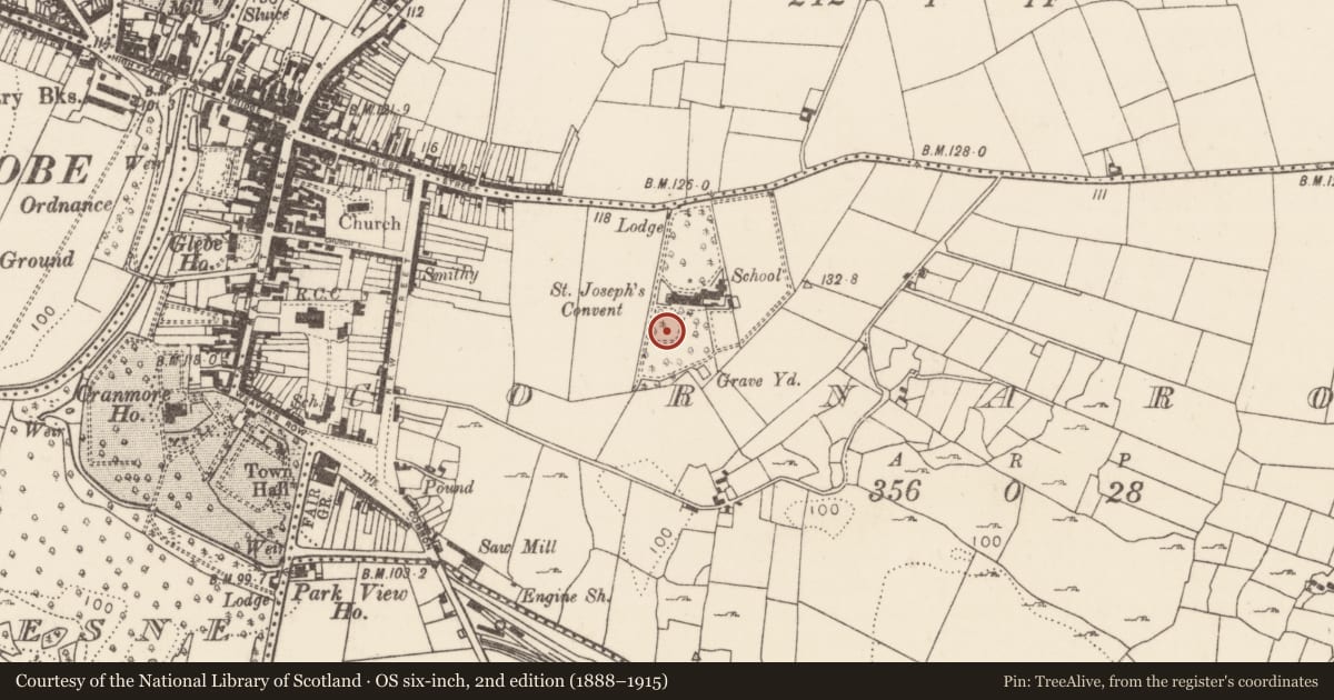 Ordnance Survey six-inch map, 2nd edition (1888–1915) covering the location of Enclosure, Cornaroya, County Mayo, with a pin at the register's coordinates