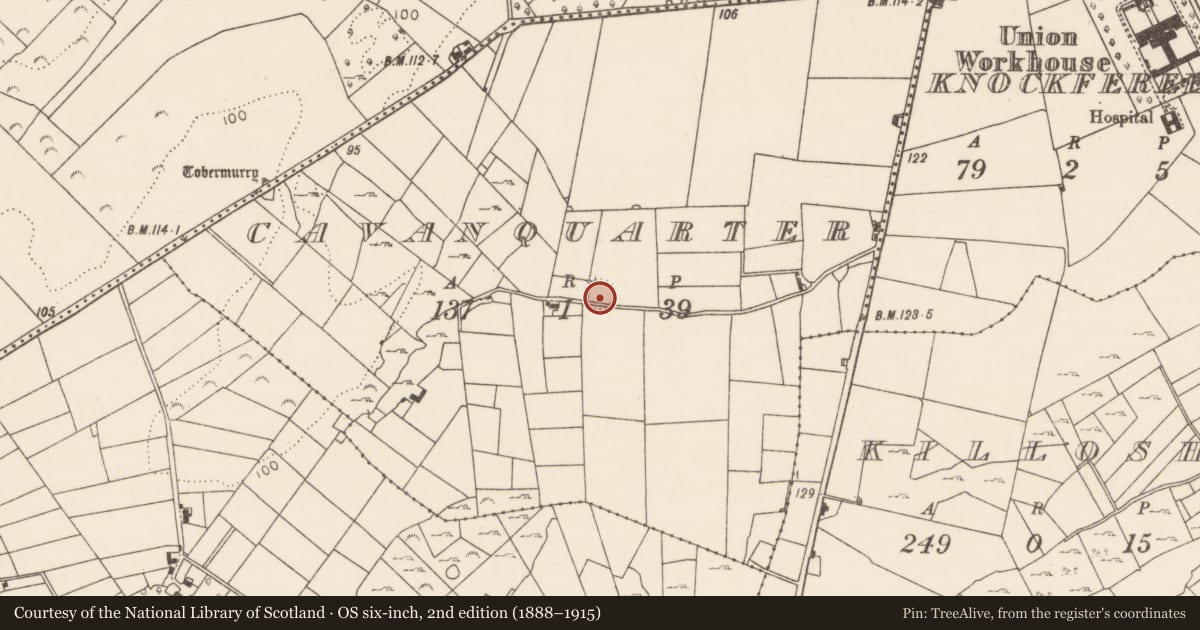 Ordnance Survey six-inch map, 2nd edition (1888–1915) covering the location of Hut site, Cavanquarter, County Mayo, with a pin at the register's coordinates