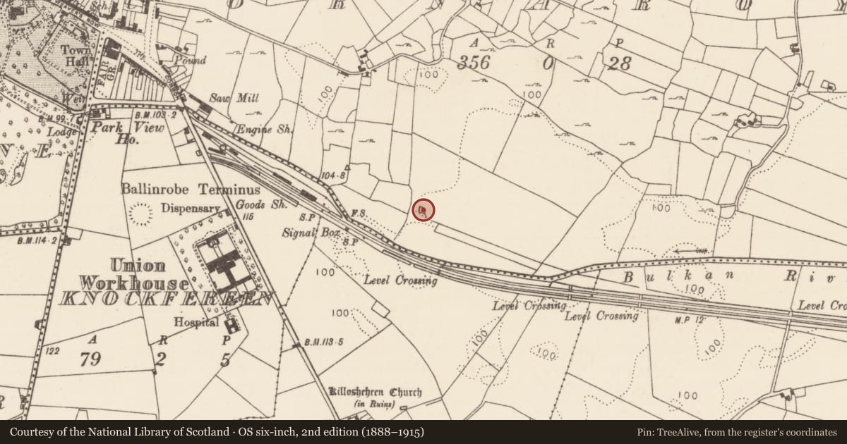 Ordnance Survey six-inch map, 2nd edition (1888–1915) covering the location of Enclosure, Cornaroya, County Mayo, with a pin at the register's coordinates