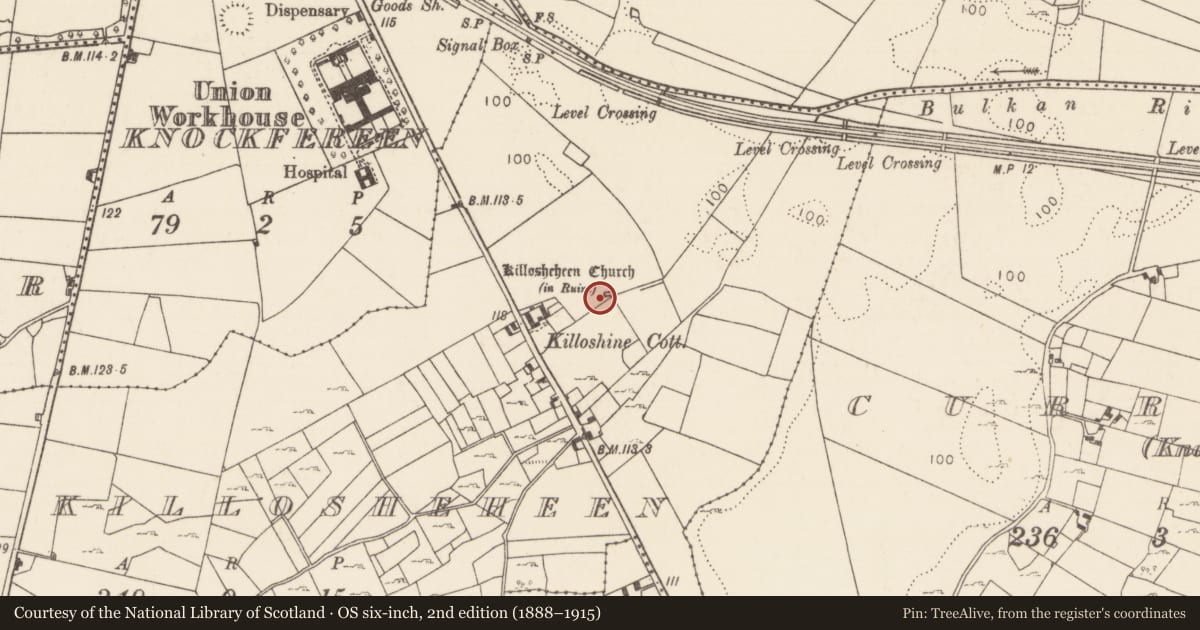 Ordnance Survey six-inch map, 2nd edition (1888–1915) covering the location of Graveyard, Killosheheen, County Mayo, with a pin at the register's coordinates