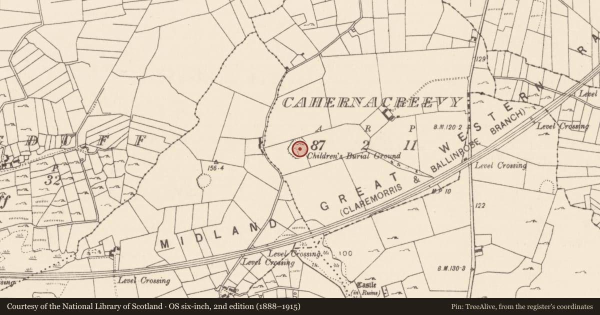 Ordnance Survey six-inch map, 2nd edition (1888–1915) covering the location of Ringfort - rath, Cahernacreevy, County Mayo, with a pin at the register's coordinates