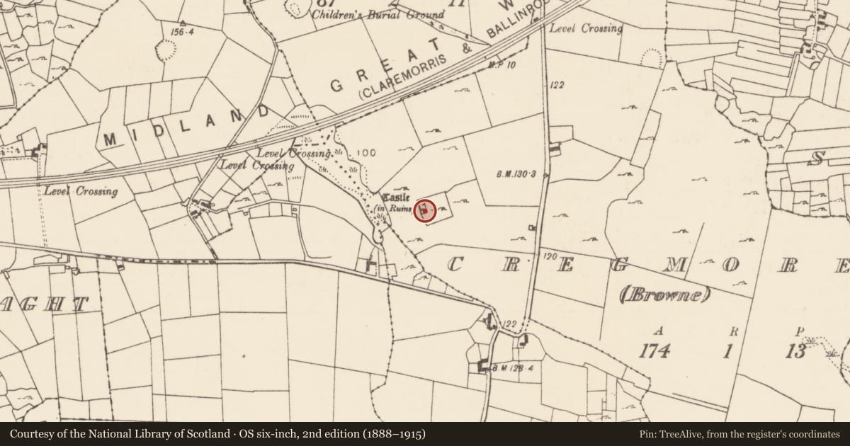 Ordnance Survey six-inch map, 2nd edition (1888–1915) covering the location of Castle - tower house, Cregmore (Browne), County Mayo, with a pin at the register's coordinates