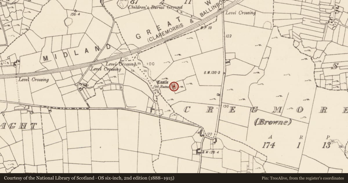 Ordnance Survey six-inch map, 2nd edition (1888–1915) covering the location of Bawn, Cregmore (Browne), County Mayo, with a pin at the register's coordinates