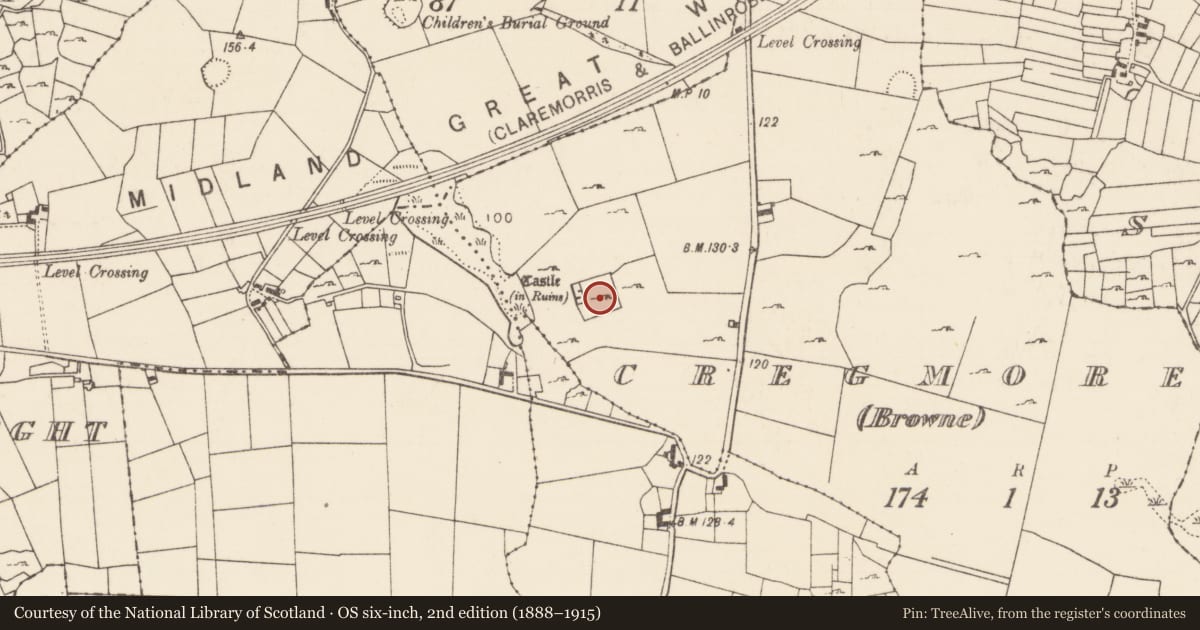 Ordnance Survey six-inch map, 2nd edition (1888–1915) covering the location of Bawn, Cregmore (Browne), County Mayo, with a pin at the register's coordinates