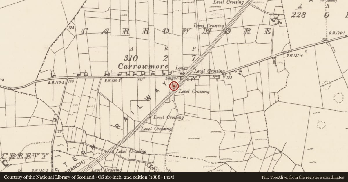 Ordnance Survey six-inch map, 2nd edition (1888–1915) covering the location of Enclosure, Carrowmore, County Mayo, with a pin at the register's coordinates
