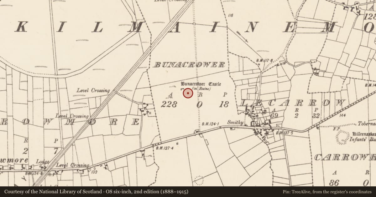 Ordnance Survey six-inch map, 2nd edition (1888–1915) covering the location of Bawn, Bunacrower, County Mayo, with a pin at the register's coordinates