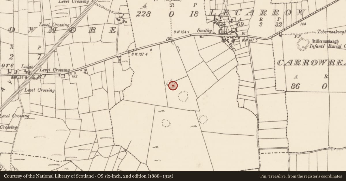 Ordnance Survey six-inch map, 2nd edition (1888–1915) covering the location of Enclosure, Bunacrower, County Mayo, with a pin at the register's coordinates