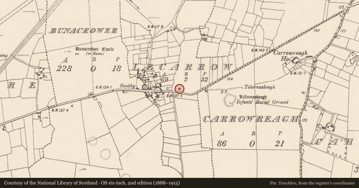 Ordnance Survey six-inch map, 2nd edition (1888–1915) covering the location of Enclosure, Lecarrow (Kilmaine By., Kilmainemore Par.), County Mayo, with a pin at the register's coordinates