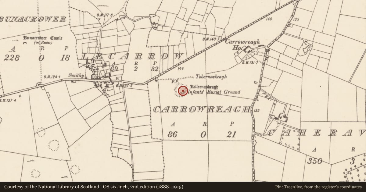Ordnance Survey six-inch map, 2nd edition (1888–1915) covering the location of Ecclesiastical enclosure, Carrowreagh, County Mayo, with a pin at the register's coordinates