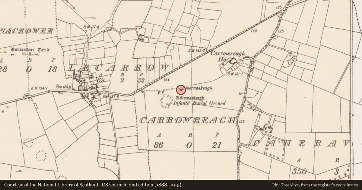 Ordnance Survey six-inch map, 2nd edition (1888–1915) covering the location of Ritual site - holy well, Carrowreagh, County Mayo, with a pin at the register's coordinates